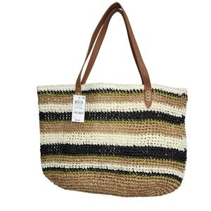 INC International Concepts Large Casual Tote Bag Black/Natural Straw NEW